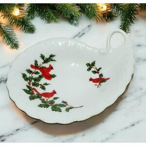 Lefton Cardinal Candy Dish Birds Holly Christmas Holiday Trinket Bone China 1988